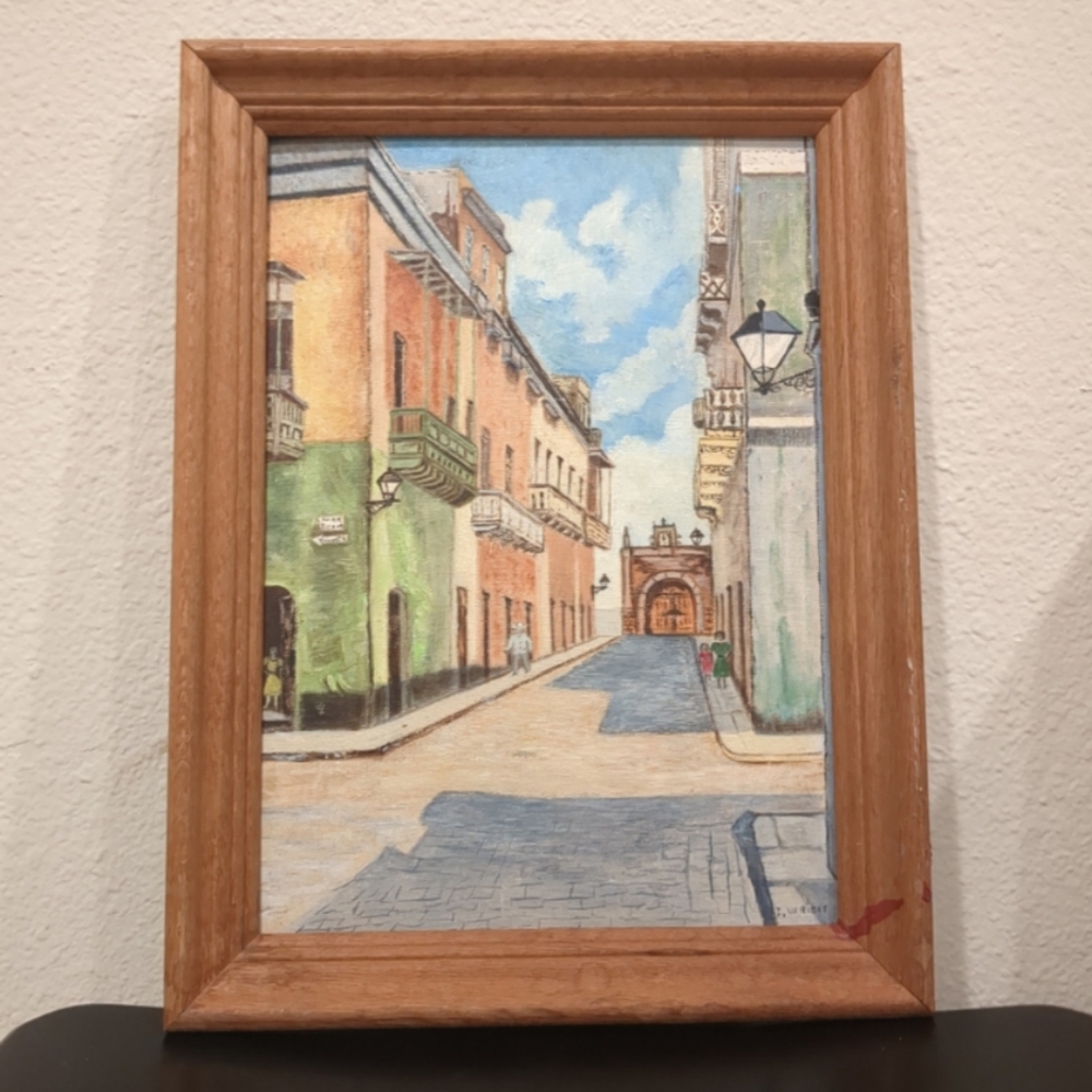 Charming Street Scene Art Painting with Wooden Frame